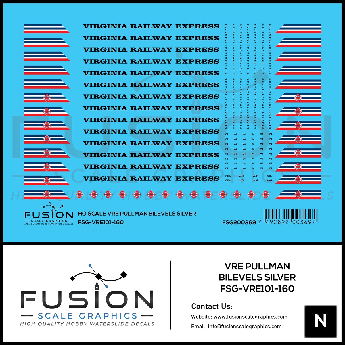 N Scale VRE Virginia Railway Express Silver Pullman Bilevel Decal Set