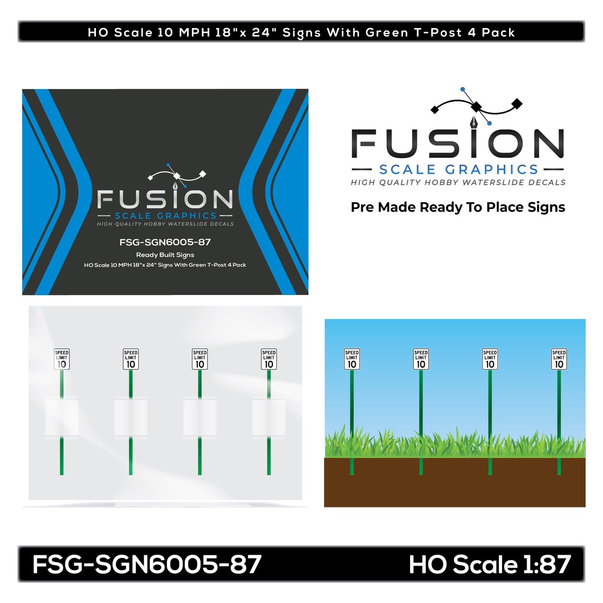 HO Scale 10 MPH 18″x 24″ Signs With Green T-Post 4 Pack