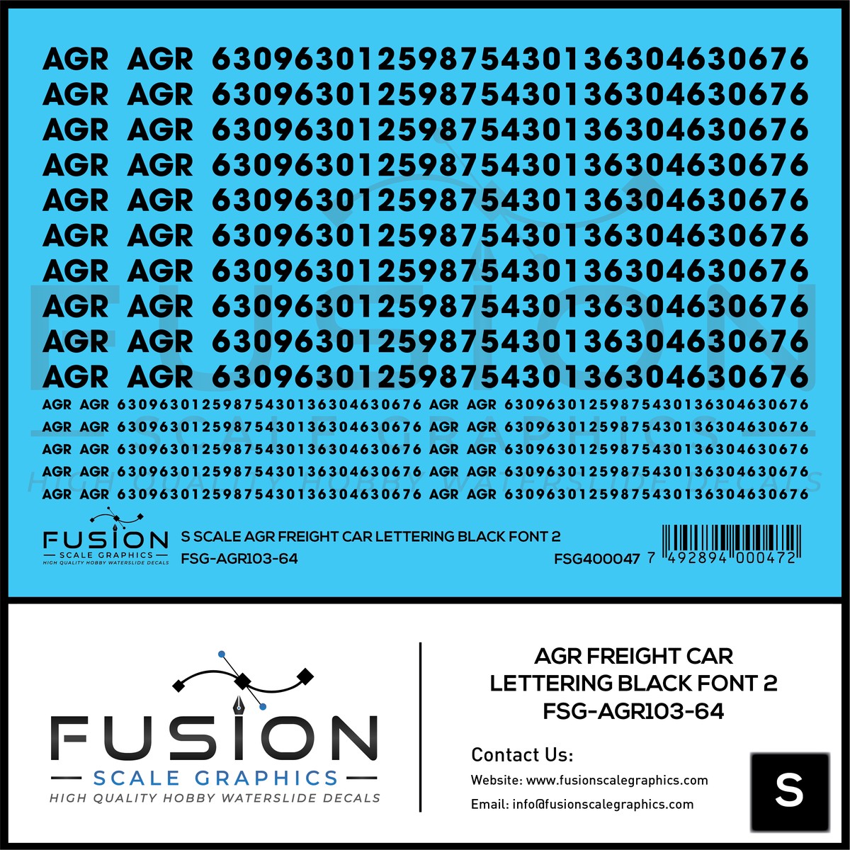 S Scale AGR Black Freight Car Lettering Decal Set Font 2