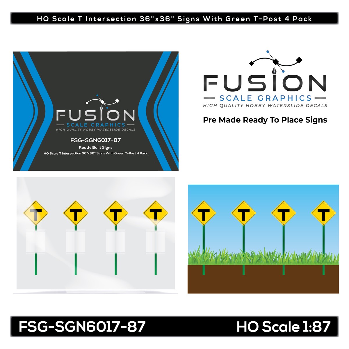 HO Scale T Intersection 36″x36″ Sign With Green T-Post 4 Pack
