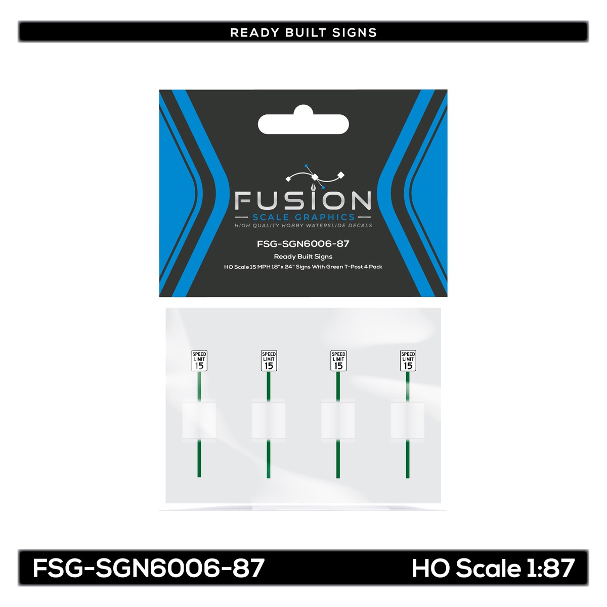 HO Scale 15 MPH 18″x 24″ Signs With Green T-Post 4 Pack